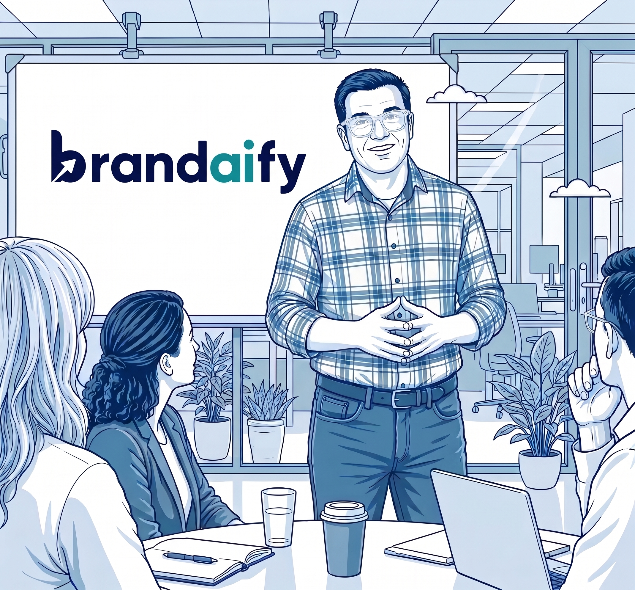 Brandaify founder presenting to a small team in a meeting
