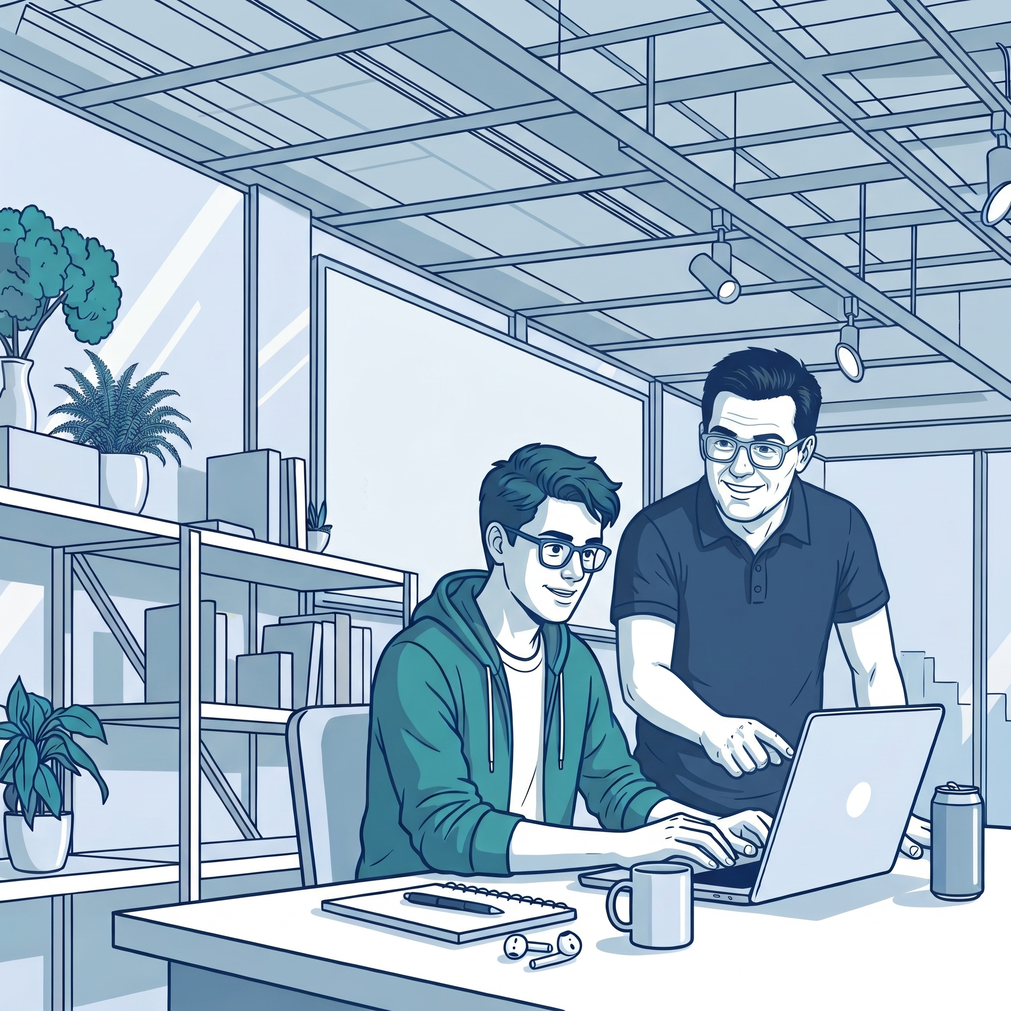 Two colleagues reviewing work together at a desktop monitor