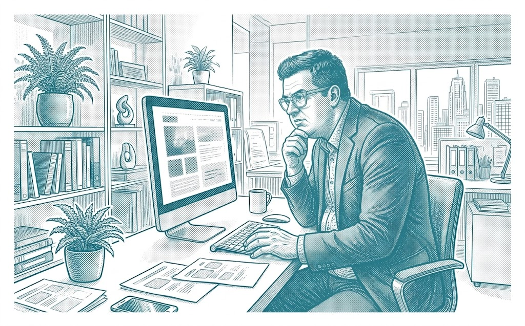 Illustration of a person reviewing AI-drafted work at a desk, deciding what to approve